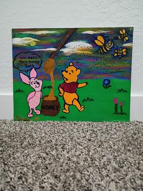Whimsical Green and Yellow Winnie-The Pooh Canvas Wall Art Signed By Artist